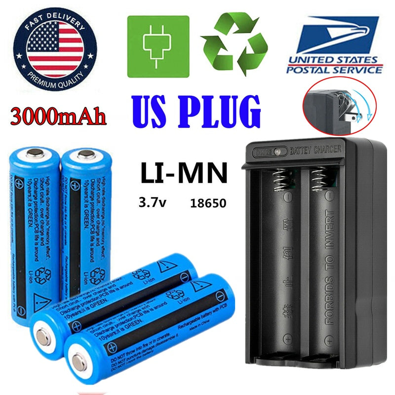 Li-ion Rechargeable Battery&Charger 3000mAh 3.7V Batteries US Plug For Torch Flashlight