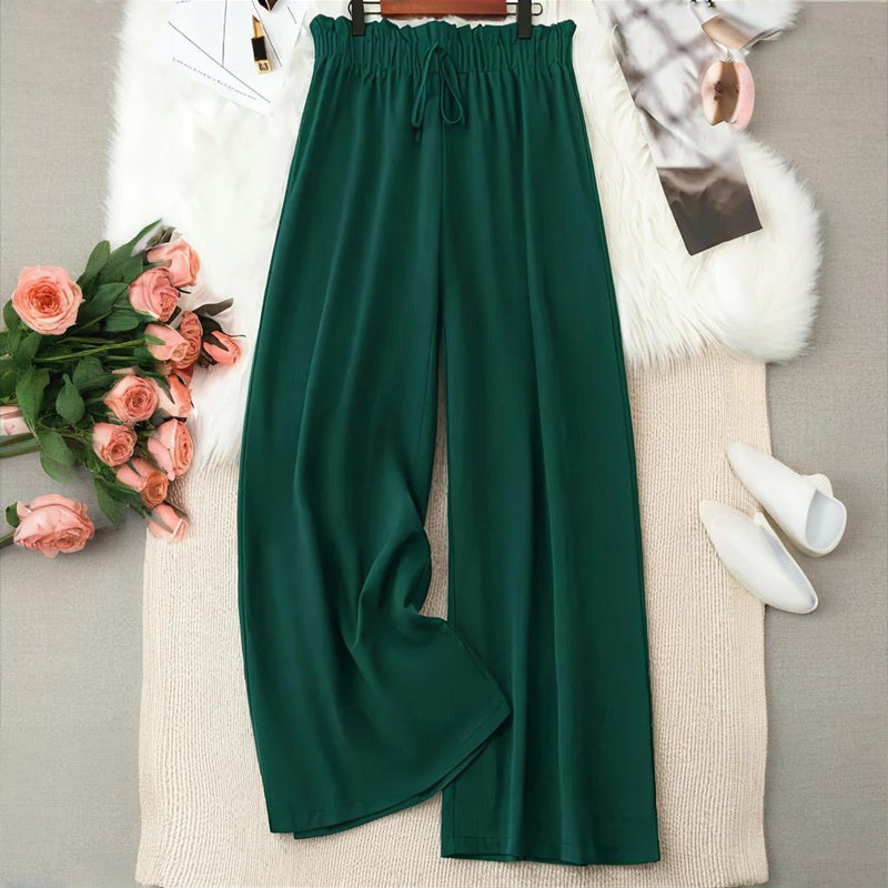 Plus Size Women's Solid Color Wide Leg Pants With Elastic Drawstring Waist - Flowy Casual For Spring&Summer