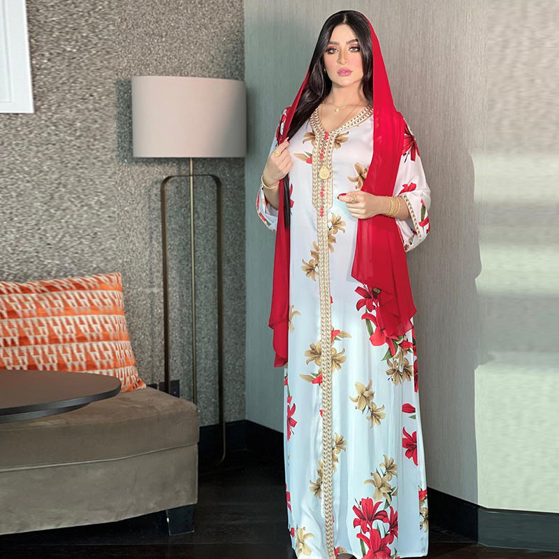 Arabian Women's Printed Dress Lace Webbing