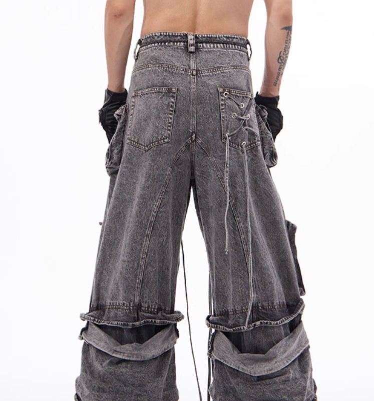 American-style Distressed Overalls Rope Stitching Mop Pants
