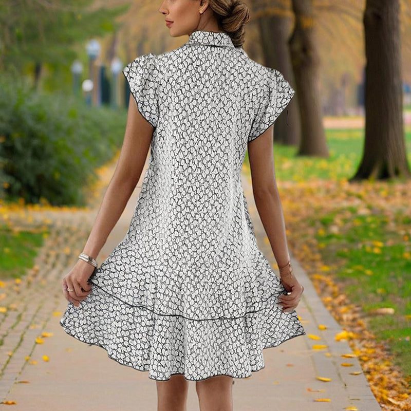 Women's Solid Color Print V-Neck Short Sleeve Dress - Summer Comfort Lace Trim Dress With Tie Detail