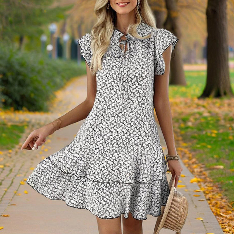 Women's Solid Color Print V-Neck Short Sleeve Dress - Summer Comfort Lace Trim Dress With Tie Detail