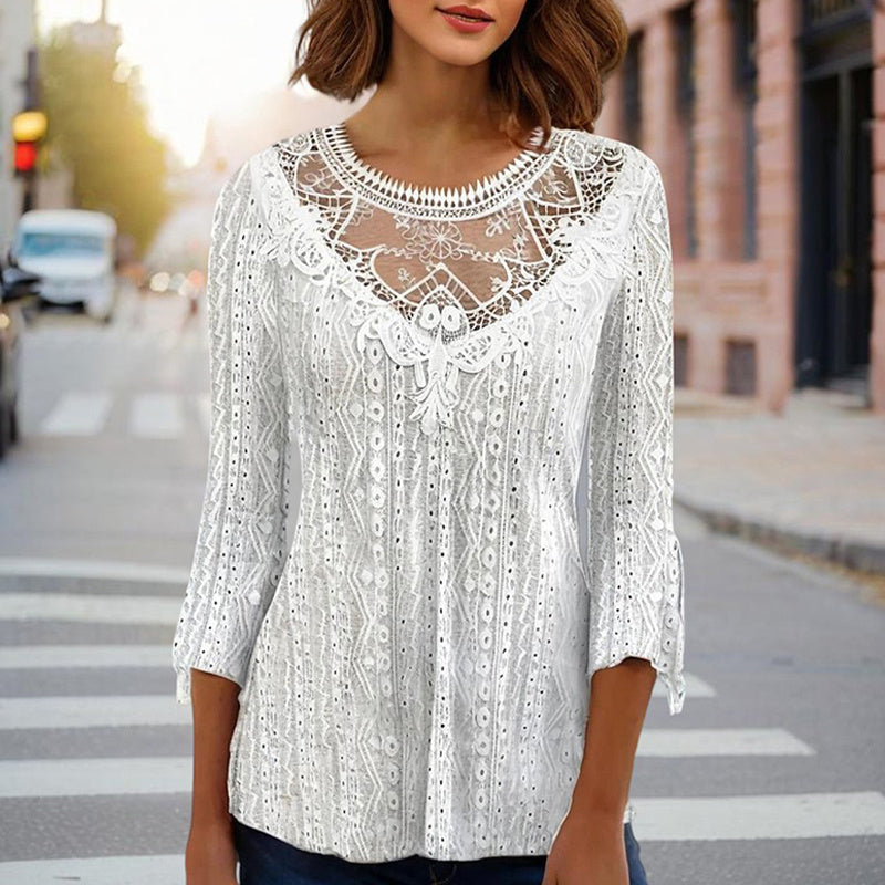 Women's Round Neck Lace Trim Semi-Sheer Blouse-Half Sleeve Hollow Out Top For Spring&Summer