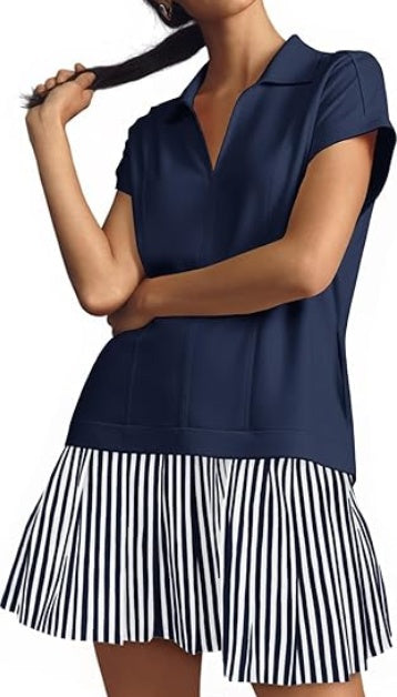 Fisoew Womens Summer Mini Dress Casual Patchwork Short Sleeve Polo V Neck Striped Dresses With Pockets
