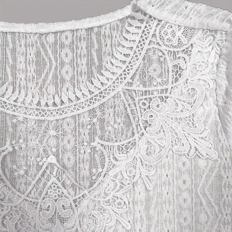 Women's Round Neck Lace Trim Semi-Sheer Blouse-Half Sleeve Hollow Out Top For Spring&Summer