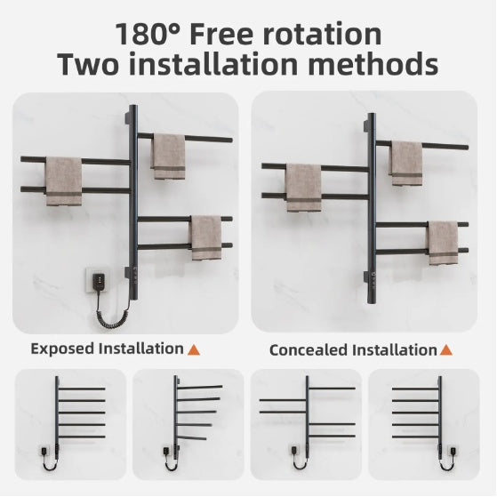SIOYIE Electric Towel Warmer  Rotating Heated Towel Rack With 1 9H Timer  85W Wall Mounted 5 Bars Electric Towel Rail Concealed Installation Towel Warmer For Bathroom Black