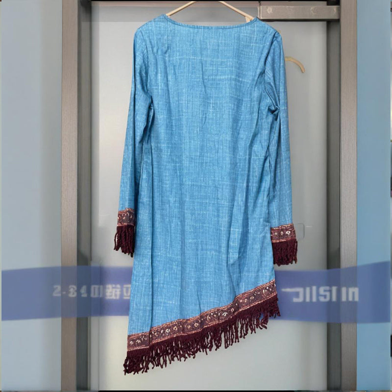 Women's V-Neck Retro Print Long Sleeve With Fringe Detail & Asymmetrical Hem Boho Chic Spring&Summer Dress