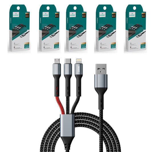 5pzs Cable 3 En 1 Nailon Trenzado Negro 1m Cable Carga Rapida Para Android Phone 16 15 Pro Xiaomi Redmi Note 14 13 40 X7b X6a