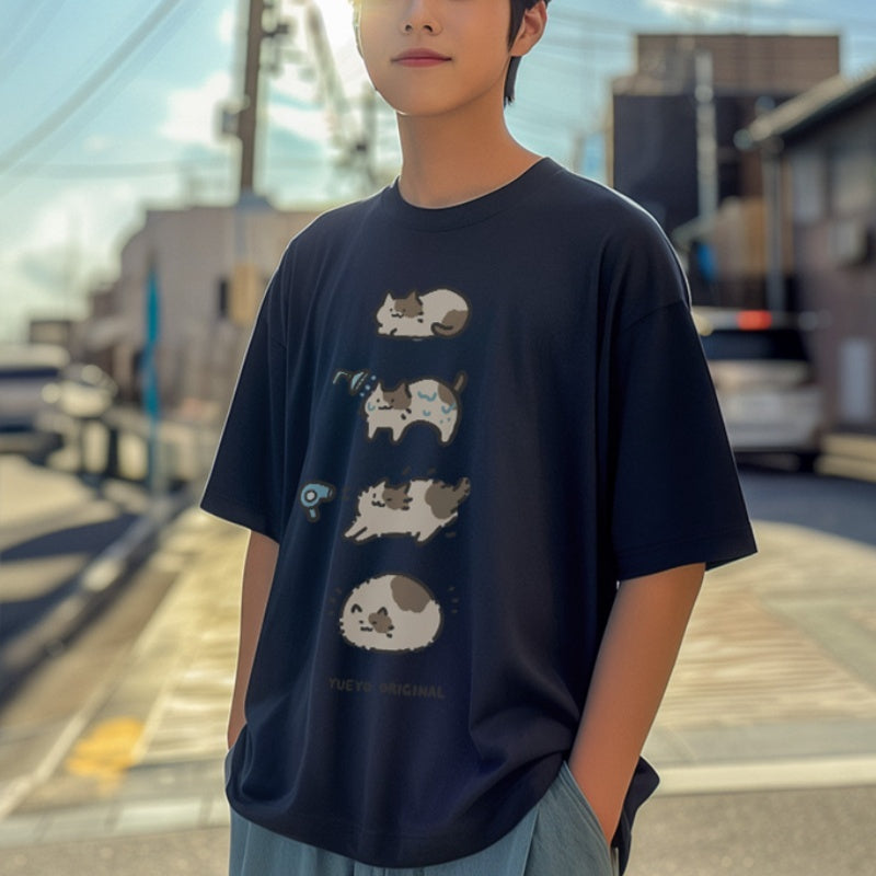 Bath Cat Cute Cartoon Short Sleeve T-shirt Men's Casual Loose