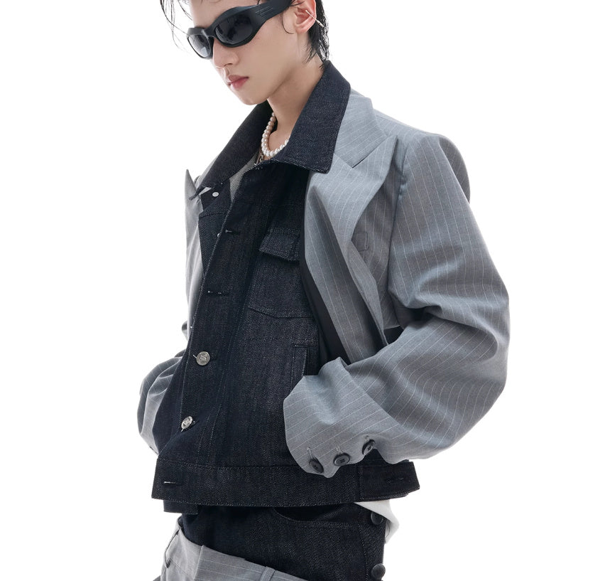 Denim Stitching Design Sense Fake Two Pieces Suit