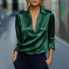 Elegant Women's V-Neck Long Sleeve Blouse With Satin Sheen Solid Color Formal Shirt For Spring Fall