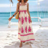 Women's Wide Strap Printed Maxi Dress With Bust Pleats, A-Line Vacation Dress