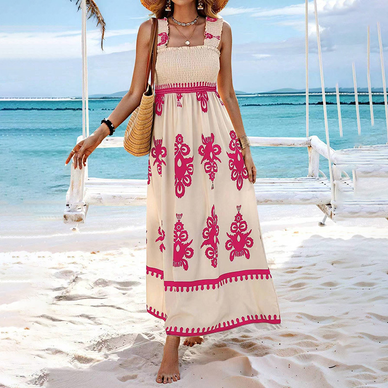 Women's Wide Strap Printed Maxi Dress With Bust Pleats, A-Line Vacation Dress