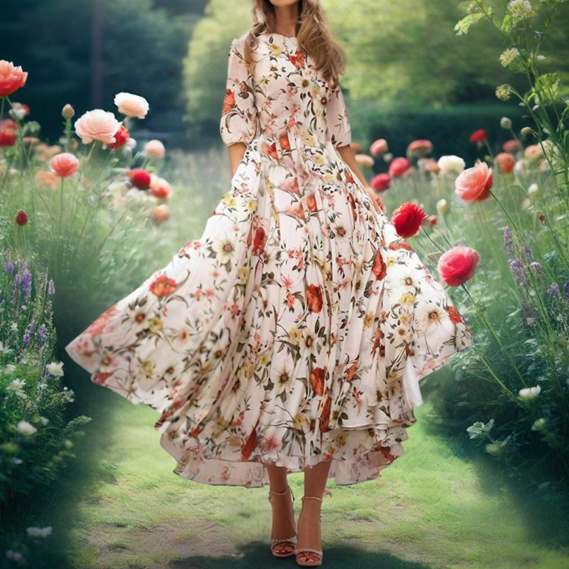 Women's Elegant Floral Print Boho Dress - Round Neck Half Sleeves Flowy Maxi Dress