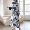Women's Plus Size Elegant Floral Ink Painting Casual Tunic Dress Notched V Neck Long Sleeve Maxi Dress