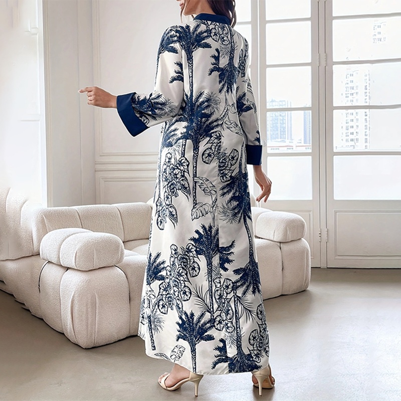 Women's Plus Size Elegant Floral Ink Painting Casual Tunic Dress Notched V Neck Long Sleeve Maxi Dress