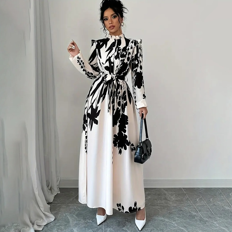 Women's Floral Print Long Sleeve Maxi Dress - Stand Collar A-Line Dress With Waist Detail, Lantern Sleeves & Ruffle Hem For Spring&Fall
