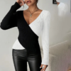 Women's Elegant V-Neck Cross Front Sweater, Color Block Knit Top For Spring And Fall Layering