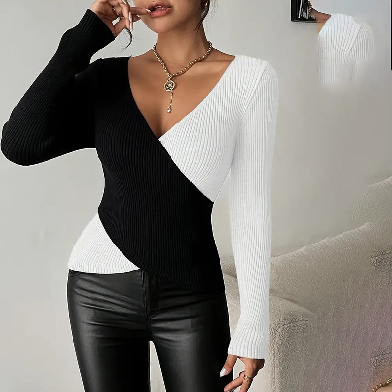 Women's Elegant V-Neck Cross Front Sweater, Color Block Knit Top For Spring And Fall Layering