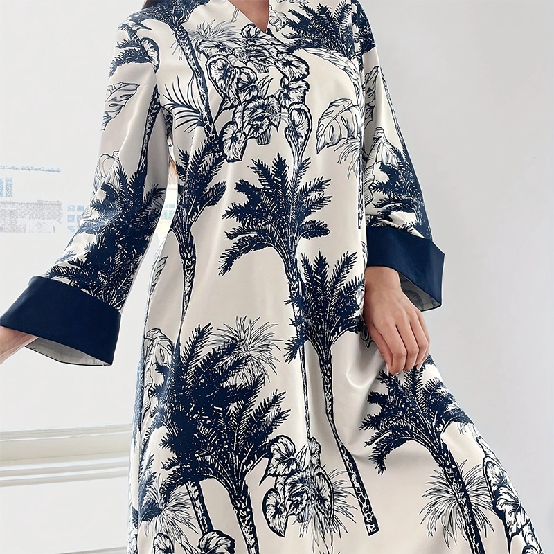 Women's Plus Size Elegant Floral Ink Painting Casual Tunic Dress Notched V Neck Long Sleeve Maxi Dress