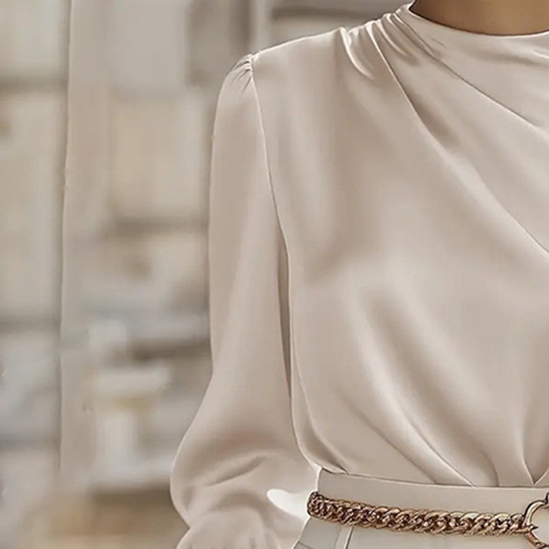 Women's Pleated Long Sleeve Blouse, Round Neck Business Casual Shirt, Dressy Fall 2025 Work Tops