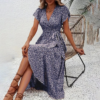 Women's Summer Floral Boho Dress Wrap V Neck Short Sleeve Ruffle A-Line Flowy Maxi Dresses