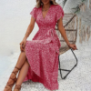 Women's Summer Floral Boho Dress Wrap V Neck Short Sleeve Ruffle A-Line Flowy Maxi Dresses