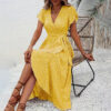 Women's Summer Floral Boho Dress Wrap V Neck Short Sleeve Ruffle A-Line Flowy Maxi Dresses