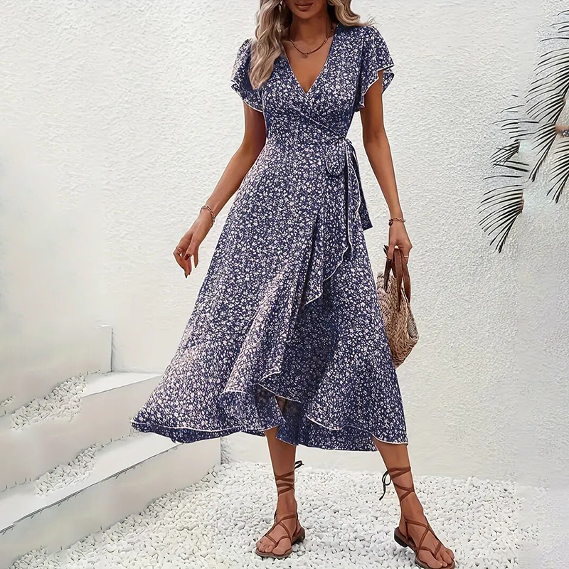 Women's Summer Floral Boho Dress Wrap V Neck Short Sleeve Ruffle A-Line Flowy Maxi Dresses