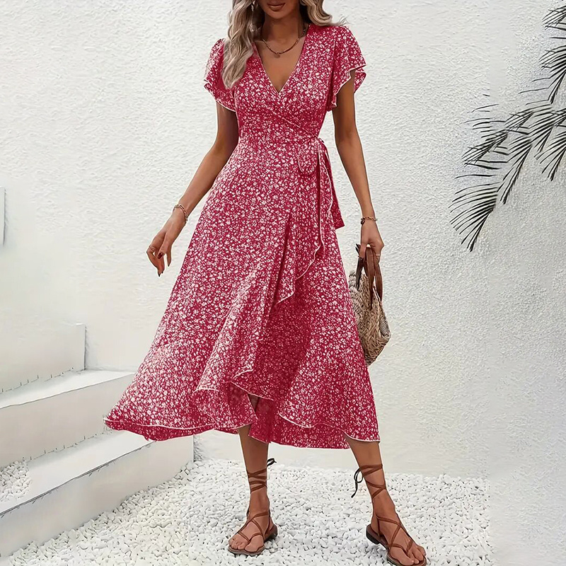 Women's Summer Floral Boho Dress Wrap V Neck Short Sleeve Ruffle A-Line Flowy Maxi Dresses