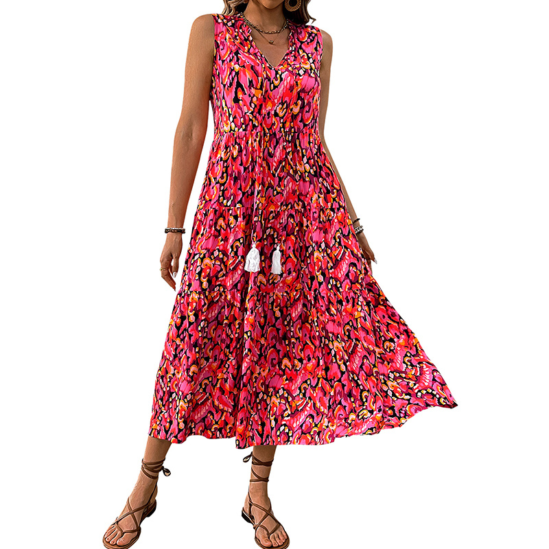 Women's Bohemian Sleeveless Tassel Tie-Dye Maxi Dress Spring Summer Casual Sundress