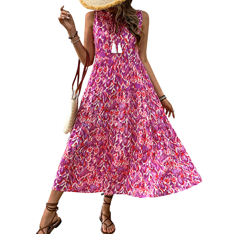 Women's Bohemian Sleeveless Tassel Tie-Dye Maxi Dress Spring Summer Casual Sundress