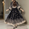 Women's Bohemian Embroidered Maxi Dress Elegant 3 4 Sleeve Swing Dress