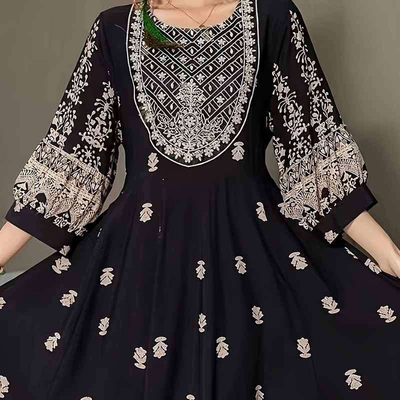 Women's Bohemian Embroidered Maxi Dress Elegant 3 4 Sleeve Swing Dress