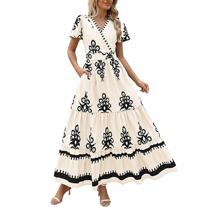 Womens Summer Casual V Neck Boho Maxi Dress Flowy Aline Bell Sleeve Tiered Floral Dresses With Pocket