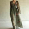 Women's Elegant V-Neck Green Floral Print A-Line Maxi Semi-Sheer Long Sleeve Spring&Summer Dress