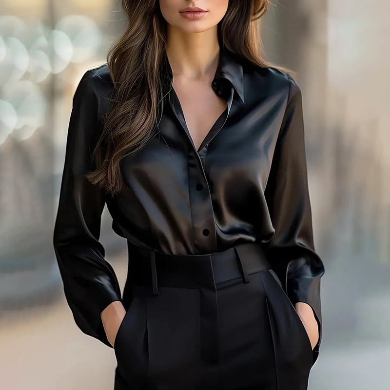 Elegant Women's Solid Color Lapel Shirt Long Sleeve Button-Down Blouse For Office And Formal Wear