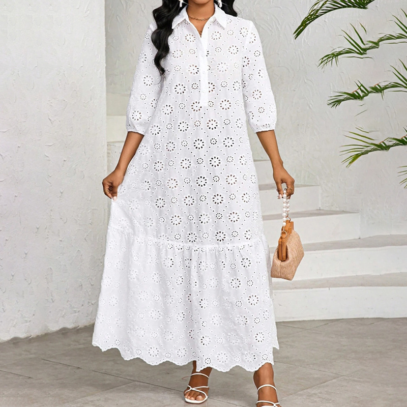 Women's Hollow Out Long Sleeve Maxi Dress - V-Neck Eyelet Casual Dress For Spring & Fall