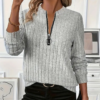 Women's Elegant Half-Zip Knit Sweater Round Neck Long Sleeve Pullover For Solid Color Casual Wear