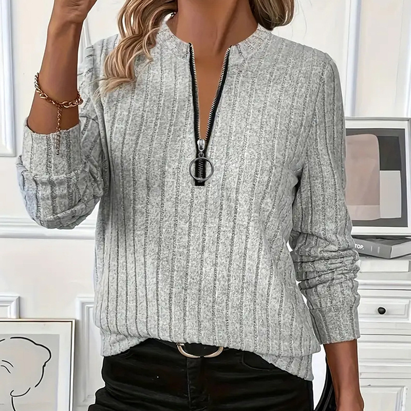 Women's Elegant Half-Zip Knit Sweater Round Neck Long Sleeve Pullover For Solid Color Casual Wear