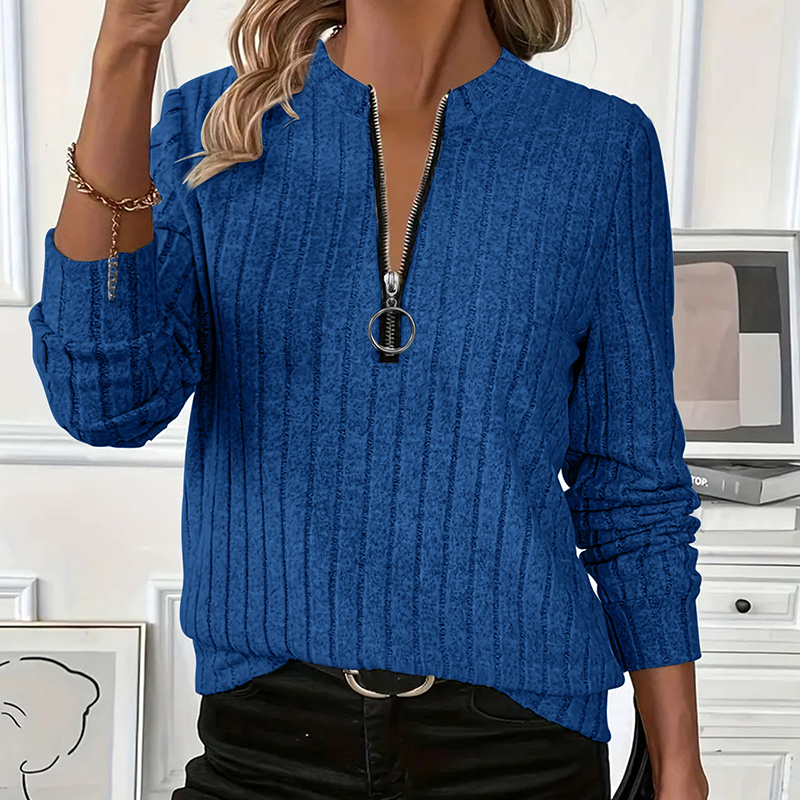 Women's Elegant Half-Zip Knit Sweater Round Neck Long Sleeve Pullover For Solid Color Casual Wear