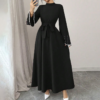 Women's Elegant Long Sleeve Maxi Dress - Sparkling Embellished High Neck Formal Gown With Waist Belt, Flowy Evening Dress For Vacation & Special Occasions