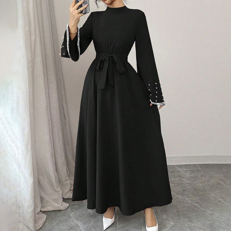Women's Elegant Long Sleeve Maxi Dress - Sparkling Embellished High Neck Formal Gown With Waist Belt, Flowy Evening Dress For Vacation & Special Occasions