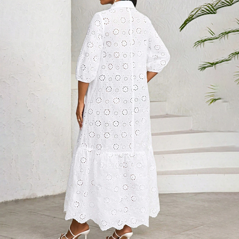 Women's Hollow Out Long Sleeve Maxi Dress - V-Neck Eyelet Casual Dress For Spring & Fall