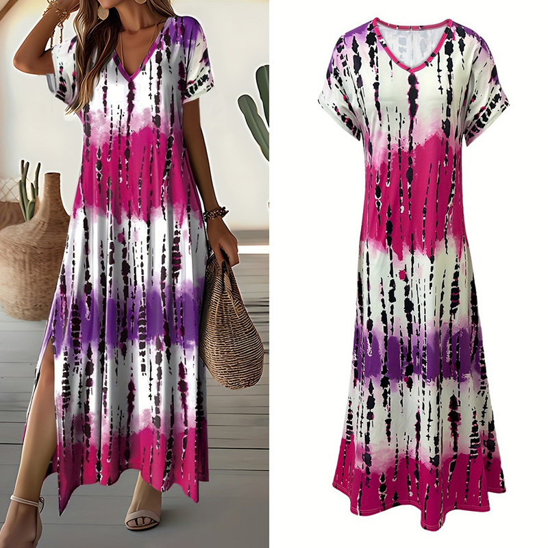 Women's Summer Tie Dye Maxi Dress Short Sleeve V Neck Casual Loose Long Split Dresses