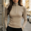 Women's Solid Color Ribbed Turtleneck Top, Half-Zip Long Sleeve Knit Shirt For Autumn
