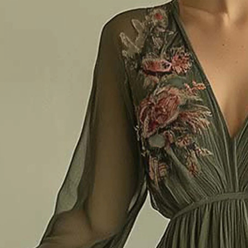 Women's Elegant V-Neck Green Floral Print A-Line Maxi Semi-Sheer Long Sleeve Spring&Summer Dress