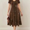 Asymmetrical Hem Short Sleeve V-neck Cross Elegant Solid Color Rhinestone Dress Dark Brown