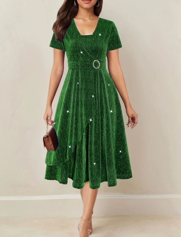 Asymmetrical Hem Short Sleeve V-neck Cross Elegant Solid Color Rhinestone Dress Green