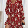 Spring And Summer V-neck Printed Floral Long-sleeve Dress With A Cinched Waist, Elegant Women's Wear.